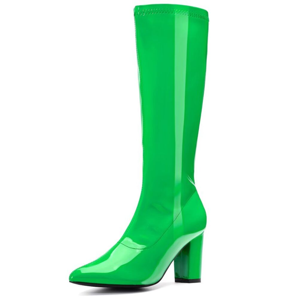 GoGo Boot Patent Leather Chunky Heels Green Knee High Boots